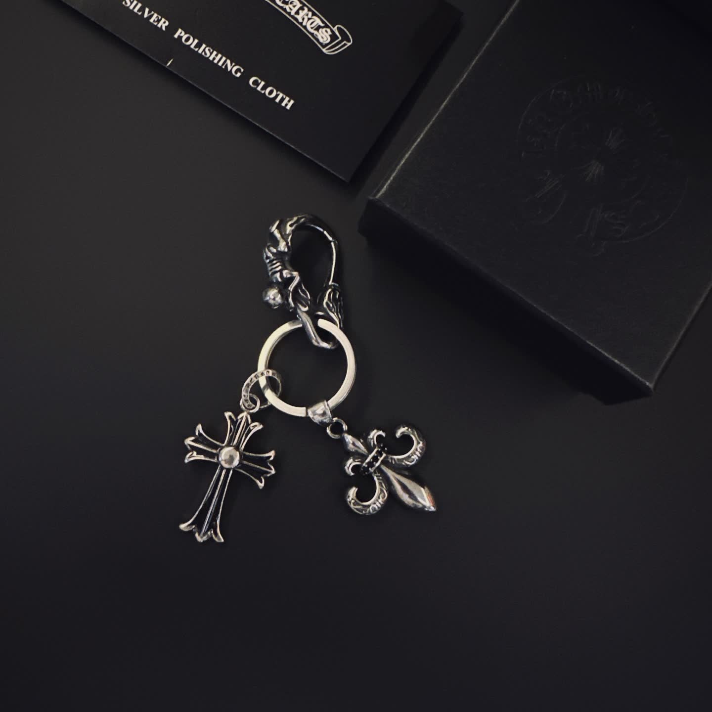 Chrome Hearts Silver Keychain with Cross and Fleur-de-lis Charms